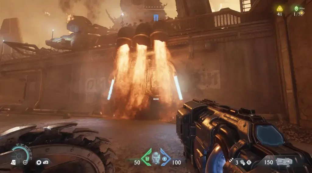 Gerbang Api Rahasia di Doom The Dark Ages: Tampilan orang pertama dengan gerbang yang diselimuti api menghalangi jalan, panduan untuk membukanya.