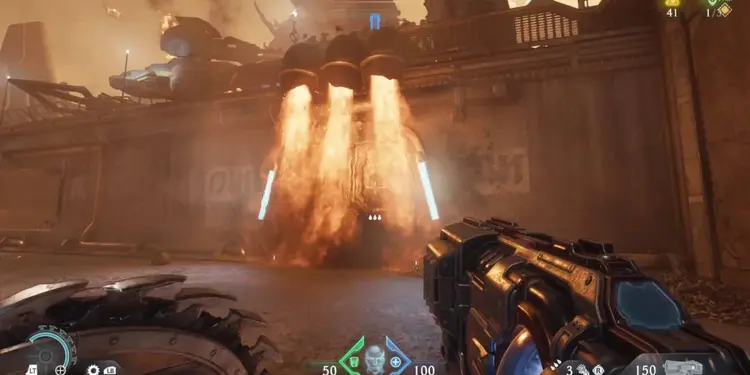 Porte secrète enflammée dans Doom : L'Âge des Ténèbres : Vue à la première personne avec une porte recouverte de flammes bloquant le passage, guide pour l'ouvrir.