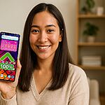 Smartphone lento - Mujer mostrando su smartphone con pantalla 100% y flecha hacia arriba, ilustrando 5 trucos fáciles para acelerar y optimizar un móvil lento.