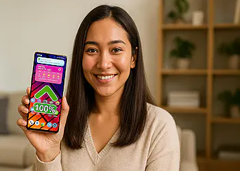 Slow smartphone: turn off these 3 options and fly 🚀 20 Smartphone slow - Woman showing off his screen smartphone 100%, and the up arrow, illustrating 5 tricks easy to speed up and optimize a mobile slow.