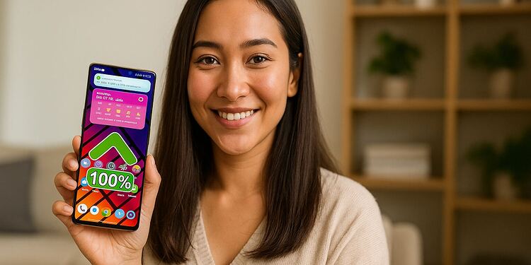 遅いスマートフォン:これらの3つのオプションをオフにして飛行しましょう🚀7 遅いスマートフォン - 100% の画面と上向き矢印が付いたスマートフォンを見せている女性が、遅いモバイルを高速化して最適化する 5 つの簡単なコツを説明しています。.