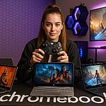 Steam en Chromebook Plus: gamer con mando frente a tres Chromebooks ejecutando juegos de PC, demostrando que puedes jugar como en una laptop.