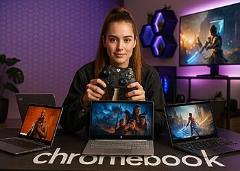 Steam en Chromebook Plus: ¡Juega como laptop! 🎮⚡ 21 Steam no Chromebook Plus: Jogador com controle contra três Chromebooks rodando jogos de PC, provando que é possível jogar como em um laptop.