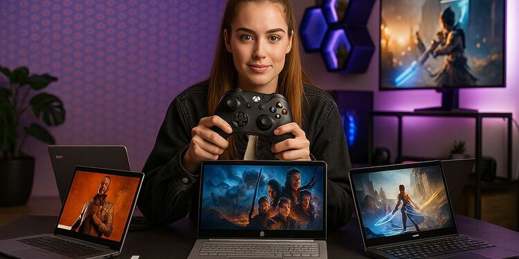 Steam on Chromebook Plus: Play like a laptop! 🎮⚡ 8 Steam on Chromebook Plus: Gamer with controller against three Chromebooks running PC games, proving you can play like on a laptop.