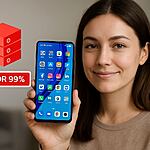 Storage bloat - Mujer mostrando smartphone Android con error 99%; guía Storage bloat para eliminar archivos basura, limpiar caché y acelerar tu móvil liberando espacio.