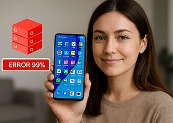 Storage bloat: elimina basura y acelera tu móvil 🔥 1 Storage bloat - Mujer mostrando smartphone Android con error 99%; guía Storage bloat para eliminar archivos basura, limpiar caché y acelerar tu móvil liberando espacio.