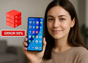 Nadmiar pamięci masowej: pozbądź się śmieci i przyspiesz działanie swojego telefonu komórkowego 🔥 25 Rozrost pamięci masowej - Kobieta pokazuje smartfon z Androidem z błędem 99%; Poradnik dotyczący rozrostu pamięci masowej, który pomoże Ci usunąć niepotrzebne pliki, wyczyścić pamięć podręczną i przyspieszyć działanie telefonu komórkowego poprzez zwolnienie miejsca.