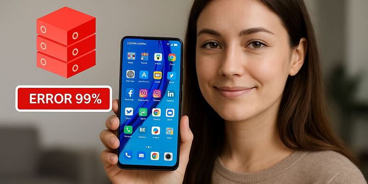 Storage bloat: elimina basura y acelera tu móvil 🔥 3 Storage bloat - Mujer mostrando smartphone Android con error 99%; guía Storage bloat para eliminar archivos basura, limpiar caché y acelerar tu móvil liberando espacio.