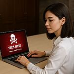 Wirus MEMZ: 3 sztuczki, aby powstrzymać szkody już teraz! ⚠️ Wirus MEMZ – kobieta korzystająca z laptopa, na którym wyświetla się czerwony ekran z ostrzeżeniem o wirusie, ilustrujący ostrzeżenie o infekcji złośliwym oprogramowaniem wirusa MEMZ i zagrożenie cyberbezpieczeństwa na komputerze z systemem Windows.