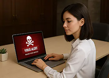 MEMZ Virus: 3 tricks to stop the damage now! ⚠️ 7 MEMZ Virus - Woman using a laptop showing a red virus alert screen, illustrating MEMZ virus malware infection warning and cybersecurity threat on a Windows PC.