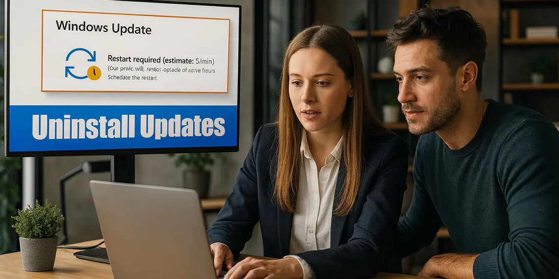 MasterTrend Info – Ваш блог о технологиях и цифровых трендах 27 Обновления Windows 11 — Пара использует ноутбук для удаления обновлений Windows 11, на экране отображается «Центр обновления Windows» и текст «Удалить обновления», краткое визуальное руководство по удалению обновлений Windows 11.