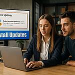 Actualizaciones Windows 11 - Pareja usando un portátil para desinstalar actualizaciones de Windows 11, con pantalla que muestra "Windows Update" y el texto "Uninstall Updates", guía visual de truco rápido para borrar actualizaciones de Windows 11.