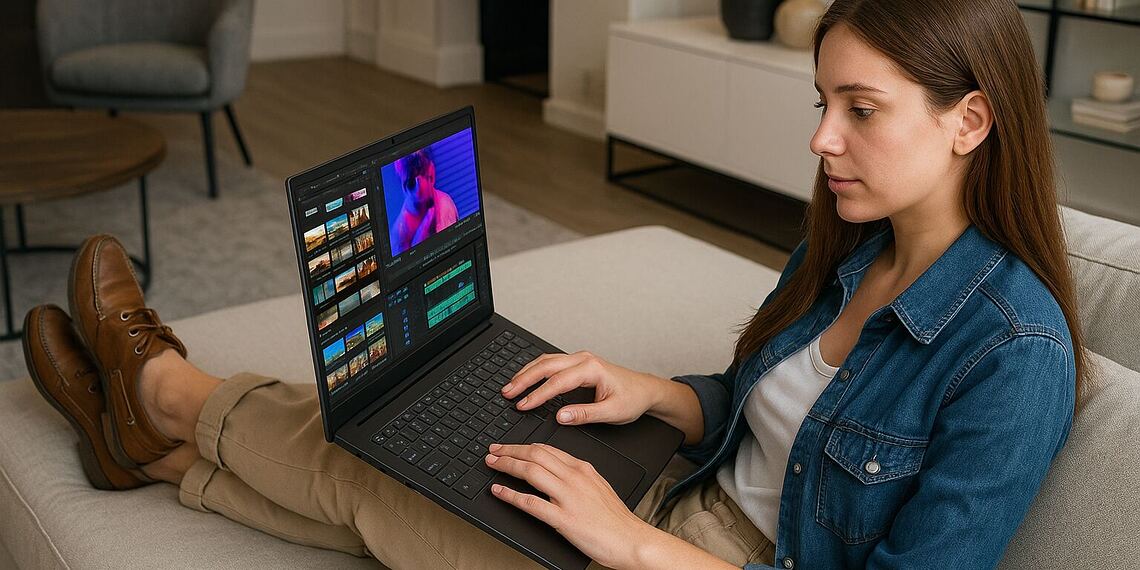 معلومات ماستر تريند – مدونتك الخاصة بالتكنولوجيا والاتجاهات الرقمية 28 استقلالية تامة - امرأة تعمل بشكل مريح على الأريكة باستخدام جهاز كمبيوتر محمول طويل الأمد تقوم بتحرير الفيديو، مما يوضح الدليل السريع لتحقيق الاستقلالية التامة على جهاز كمبيوتر محمول لا يعرف الكلل.