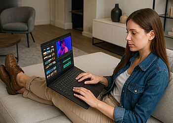 Autonomía Total Guía rápida para un portátil incansable 🔋 32 완전한 자율성 - 소파에 편안하게 앉아 장시간 작동하는 노트북으로 동영상을 편집하는 여성의 모습으로, 지치지 않는 노트북으로 완전한 자율성을 확보하는 간편한 방법을 보여줍니다.