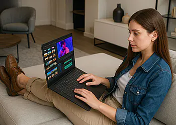 Autonomía Total Guía rápida para un portátil incansable 🔋 4 Autonomia Total - Mulher trabalhando confortavelmente no sofá com um laptop de longa duração, editando vídeos, ilustrando o guia rápido para alcançar autonomia total em um laptop sem fio.