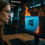 Carpeta Prefetch - Mujer limpiando la carpeta Prefetch en Windows para acelerar el PC, ilustración de optimización y limpieza rápida que multiplica la velocidad del sistema operativo.