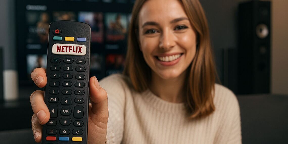 Netflix 秘密代码 - 一位女士面带微笑地坐在沙发上，手里拿着一个带有 Netflix 按钮的遥控器，非常适合用来演示 Netflix 的技巧和秘密代码，以便找到新的剧集和电影。