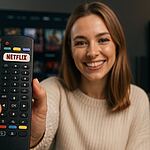 Códigos secretos Netflix - Mujer sonriendo en el sofá mientras sostiene un mando a distancia con botón de Netflix, ideal para ilustrar trucos y códigos secretos de Netflix para encontrar nuevas series y películas.