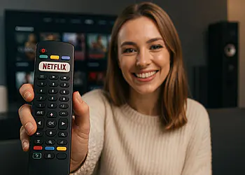 Códigos secretos da Netflix 2025: Acesso rápido a gêneros ocultos 🔥 25 Códigos secretos da Netflix - Mulher sorrindo no sofá enquanto segura um controle remoto com o botão da Netflix, ideal para ilustrar truques e códigos secretos da Netflix para encontrar novas séries e filmes.