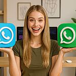 Color de Chat WhatsApp - Mujer sonriendo sostiene dos grandes iconos 3D de WhatsApp en color azul y verde, ilustrando cambio de color de chat de WhatsApp en el móvil.