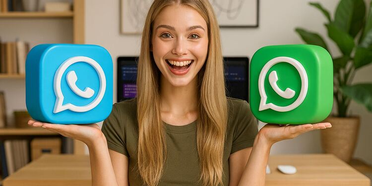 WhatsApp-Chatfarbe: Verwandle deine Nachrichten im Handumdrehen ✨ 2 WhatsApp-Chatfarbe – Eine lächelnde Frau hält zwei große 3D-WhatsApp-Symbole in Blau und Grün, die das Ändern der WhatsApp-Chatfarbe auf Ihrem Mobiltelefon veranschaulichen.
