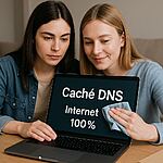 Caché DNS - Dos mujeres limpiando la pantalla de un portátil con el texto "Caché DNS Internet 100%", ilustrando cómo borrar o limpiar la caché DNS para mejorar la conexión a Internet.