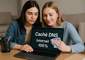 Caché DNS El método rápido que dispara tu velocidad hoy 🚀 33 Pamięć podręczna DNS - dwie kobiety czyszczące ekran laptopa z napisem „Pamięć podręczna DNS Internet 100%”, ilustrującym sposób czyszczenia pamięci podręcznej DNS w celu poprawy połączenia internetowego.
