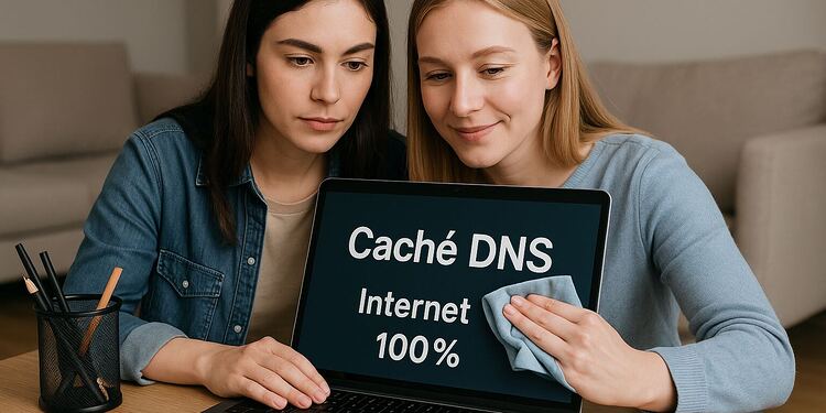 DNS-cache: De snelle methode om je snelheid vandaag nog te verhogen 🚀 4 DNS-cache - Twee vrouwen maken een laptopscherm schoon met de tekst "DNS-cache internet 100%", waarmee wordt geïllustreerd hoe je de DNS-cache kunt wissen of opschonen om je internetverbinding te verbeteren.
