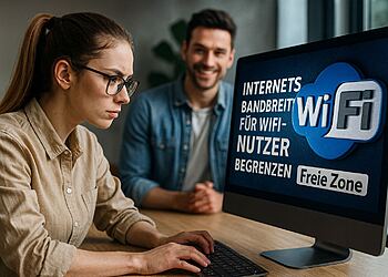 Controllo della larghezza di banda - Donna che configura il controllo della larghezza di banda Wi-Fi sul suo computer per limitare gli utenti e aumentare la velocità di Internet sulla rete.