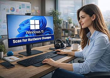 Escanear cambios de hardware - Mujer trabajando en oficina moderna usando computadora con Windows 11 en pantalla que muestra mensaje "Scan For Hardware Changes"concepto de escanear cambios de hardware en sistema operativo Windows 11.