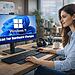 Skanna efter hårdvaruändringar - Kvinna som arbetar på ett modernt kontor med en dator med Windows 11 på skärmen och visar meddelandet "Skanna efter hårdvaruändringar", konceptet med att skanna efter hårdvaruändringar i operativsystemet Windows 11.