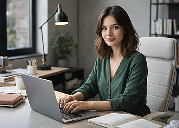 Saisie sans clavier - Une femme travaille à un bureau moderne avec un ordinateur portable, rédigeant du contenu numérique et optimisant sa productivité ; concept de *saisie sans clavier* et technologie de saisie intelligente.