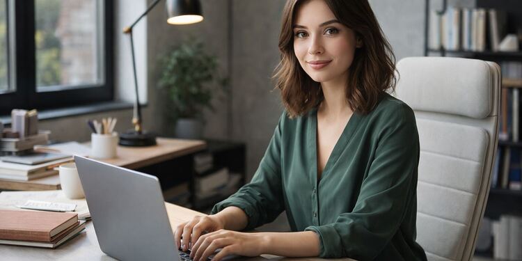 キーボードなしで入力 - ノートパソコンを使ってモダンなデスクで作業し、デジタル コンテンツと生産性を書き込む女性、「キーボードなしで入力」のコンセプトとスマート タイピング テクノロジー。