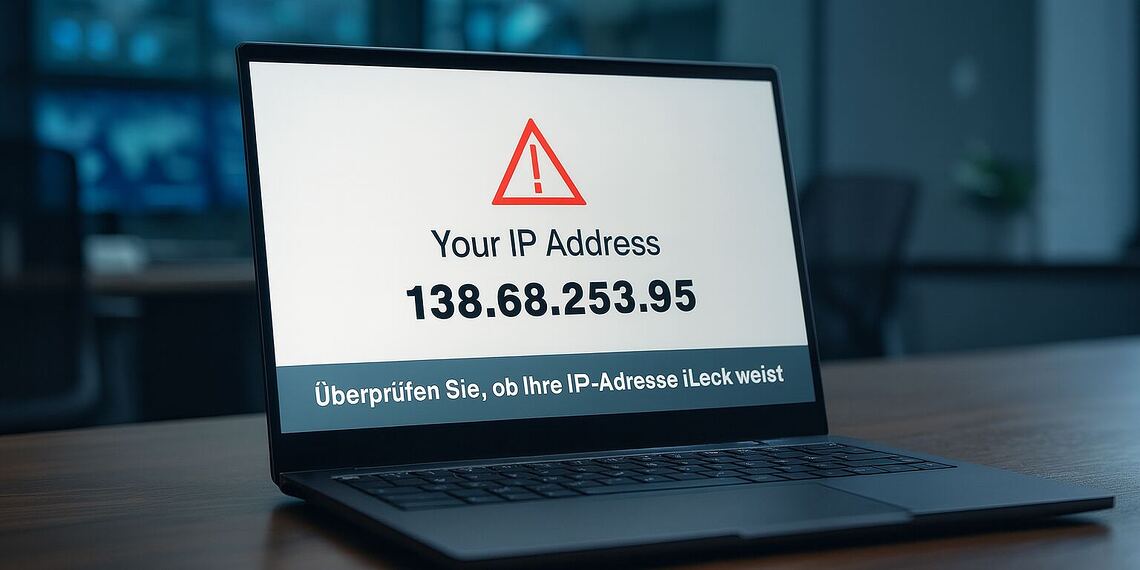 تسرب IP - كمبيوتر محمول يعرض تحذيرًا بشأن تسرب IP مع ظهور عنوان IP على الشاشة، مما يوضح وجود خلل أمني يكشف هوية المستخدم والحاجة إلى حماية الخصوصية عبر الإنترنت.