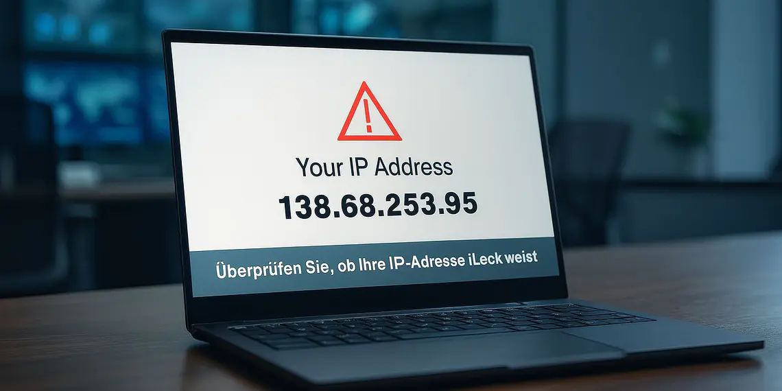 MasterTrend Info – Ваш блог о технологиях и цифровых трендах 32 Утечка IP-адреса. На ноутбуке отображается предупреждение об утечке IP-адреса с видимым на экране IP-адресом, что иллюстрирует уязвимость системы безопасности, раскрывающую личность пользователя и необходимость защиты конфиденциальности в сети.