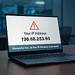 Fuga de IP - Portátil mostrando advertencia de fuga de IP con dirección IP visible en pantalla, ilustrando fallo de seguridad que expone la identidad del usuario y la necesidad de proteger la privacidad online.