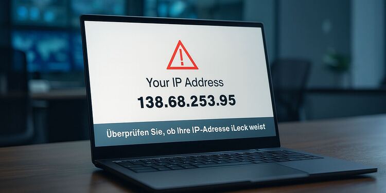 Fuga de IP Descubre el fallo oculto que expone tu identidad đ„ 3 Fuga de IP - PortĂĄtil mostrando advertencia de fuga de IP con direcciĂłn IP visible en pantalla, ilustrando fallo de seguridad que expone la identidad del usuario y la necesidad de proteger la privacidad online.
