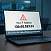 IP Leak: Discover the hidden flaw that exposes your identity 🔥 12 IP Leakage - Laptop displaying IP leak warning with IP address visible on screen, illustrating a security flaw that exposes the user's identity and the need to protect online privacy.
