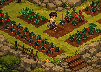 Grave Seasons Terror Acogedor pixel art scene showing a cozy farming game environment with a character tending crops, harvesting tomatoes and vegetables in a lush seasonal garden, featuring warm colors, rustic paths, and charming indie game aesthetics.
