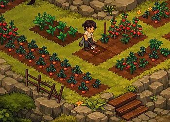Grave Seasons Terror Acogedor Pixel-Art-Szene, die eine gemütliche Landwirtschaftsspielumgebung zeigt, in der eine Figur Feldfrüchte pflegt und Tomaten und Gemüse in einem üppigen saisonalen Garten erntet, mit warmen Farben, rustikalen Wegen und charmantem Indie-Spiel-Stil.