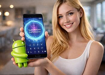 隐藏的安卓菜单 - 一位女士拿着一部安卓智能手机，屏幕上显示了隐藏的安卓菜单，包括高级设置超级菜单和安卓机器人图标。