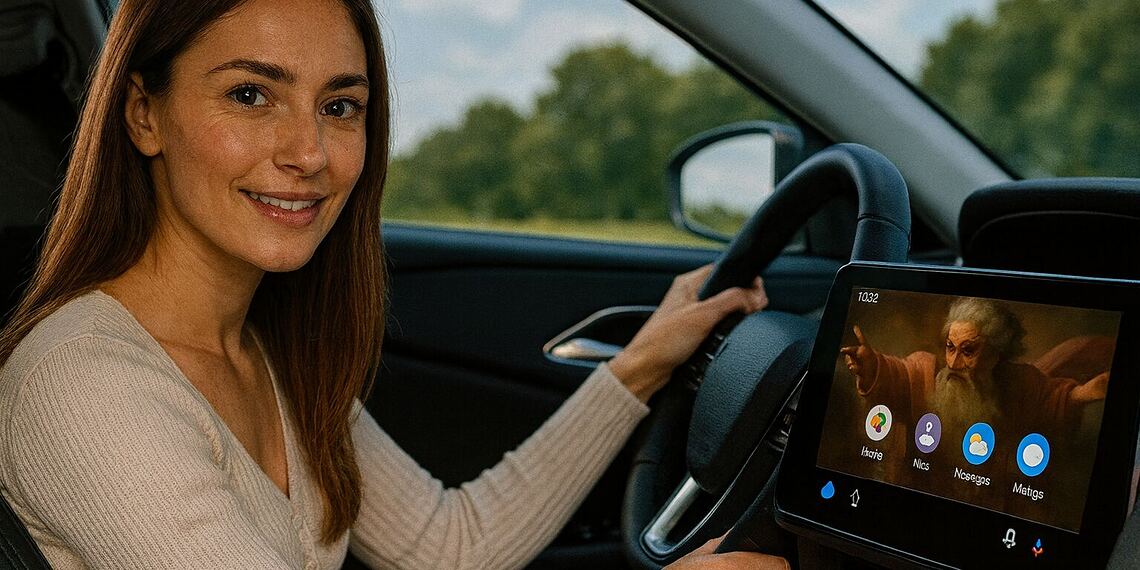 Modo Dios Android Auto - Android Auto에서 "Modo Dios"를 사용하여 자동차를 운전하는 여성이 차량 터치스크린에 맞춤형 신 테마 인터페이스를 보여줍니다.