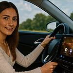 Modo Dios Android Auto - Woman driving a car using "Modo Dios" on Android Auto, showing a custom God-themed interface on the vehicle's touchscreen.