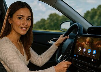 Modo Dios Android Auto - ผู้หญิงกำลังขับรถโดยใช้ "Modo Dios" บน Android Auto โดยแสดงอินเทอร์เฟซธีมพระเจ้าที่ปรับแต่งเองบนหน้าจอสัมผัสของรถ