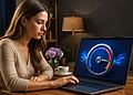 Monitor de Internet Windows 11 Control total en tu barra 📊 25 Windows 11 网络监控 - 一位女士正在使用 Windows 11 笔记本电脑,屏幕上显示着网络速度监控仪表板,在家中检查网络性能和连接质量。
