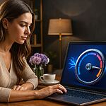 Monitor de Internet Windows 11 - Woman using a Windows 11 laptop with an internet speed monitor dashboard on the screen, checking network performance and connection quality at home.