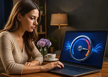 Monitor de Internet Windows 11 - Donna che utilizza un portatile Windows 11 con un pannello di controllo della velocità di Internet sullo schermo, per controllare le prestazioni della rete e la qualità della connessione a casa.