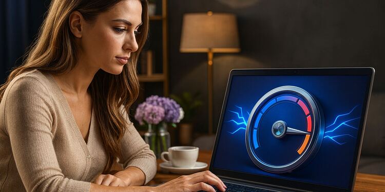 مراقبة الإنترنت بنظام Windows 11 - امرأة تستخدم جهاز كمبيوتر محمول يعمل بنظام Windows 11 مع لوحة معلومات لمراقبة سرعة الإنترنت على الشاشة، وتتحقق من أداء الشبكة وجودة الاتصال في المنزل.