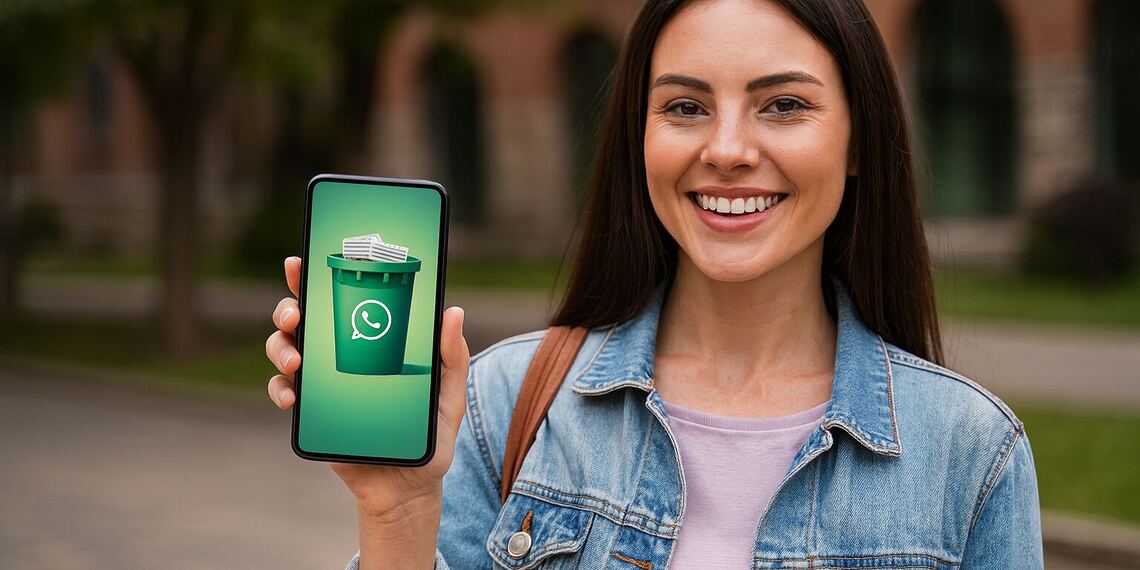 MasterTrend Info – Votre blog sur les tendances technologiques et numériques 27 Corbeille WhatsApp - Une jeune femme souriante montre une icône de corbeille verte avec le logo WhatsApp sur son téléphone portable, un concept de corbeille WhatsApp pour nettoyer et libérer de l'espace sur son téléphone en quelques minutes.