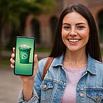 Papelera WhatsApp - Mujer joven sonriente mostrando en su móvil un icono de papelera verde con el logo de WhatsApp, concepto de papelera WhatsApp para limpiar y liberar espacio del teléfono en pocos minutos.